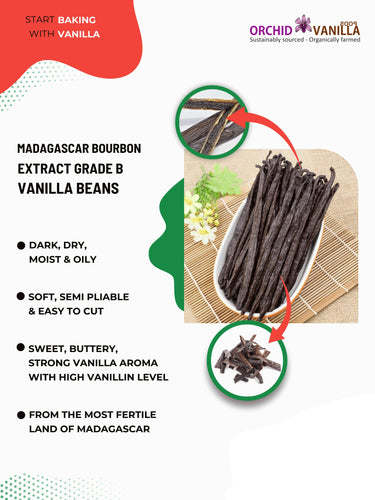 Advertisement for Madagascar Bourbon Extract Grade B Vanilla Beans with product image and branding.