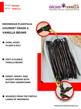 Advertisement for Indonesian planifolia vanilla beans with text and branding information.