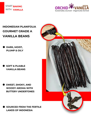 Advertisement for Indonesian planifolia vanilla beans with text and branding information.