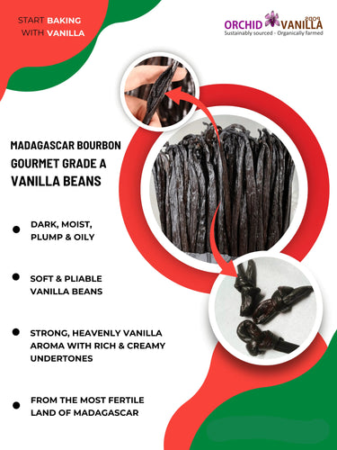 Advertisement for Madagascar Bourbon vanilla beans with text and branding details.