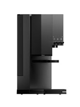 Black refrigerator with water and ice dispenser on a white background