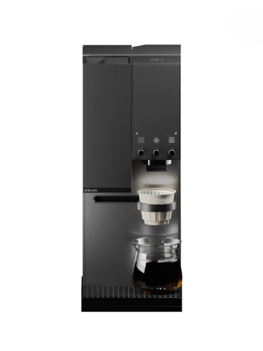 Black coffee machine with a glass carafe on a white background