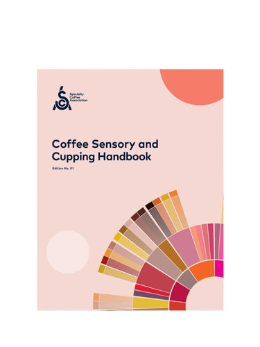 Book cover of 'Coffee Sensory and Cupping Handbook' with a color swatch on a pink background