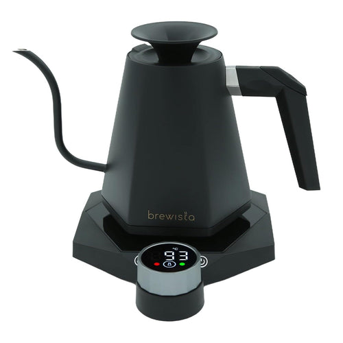 Black Brewisto electric kettle with digital display on a white background