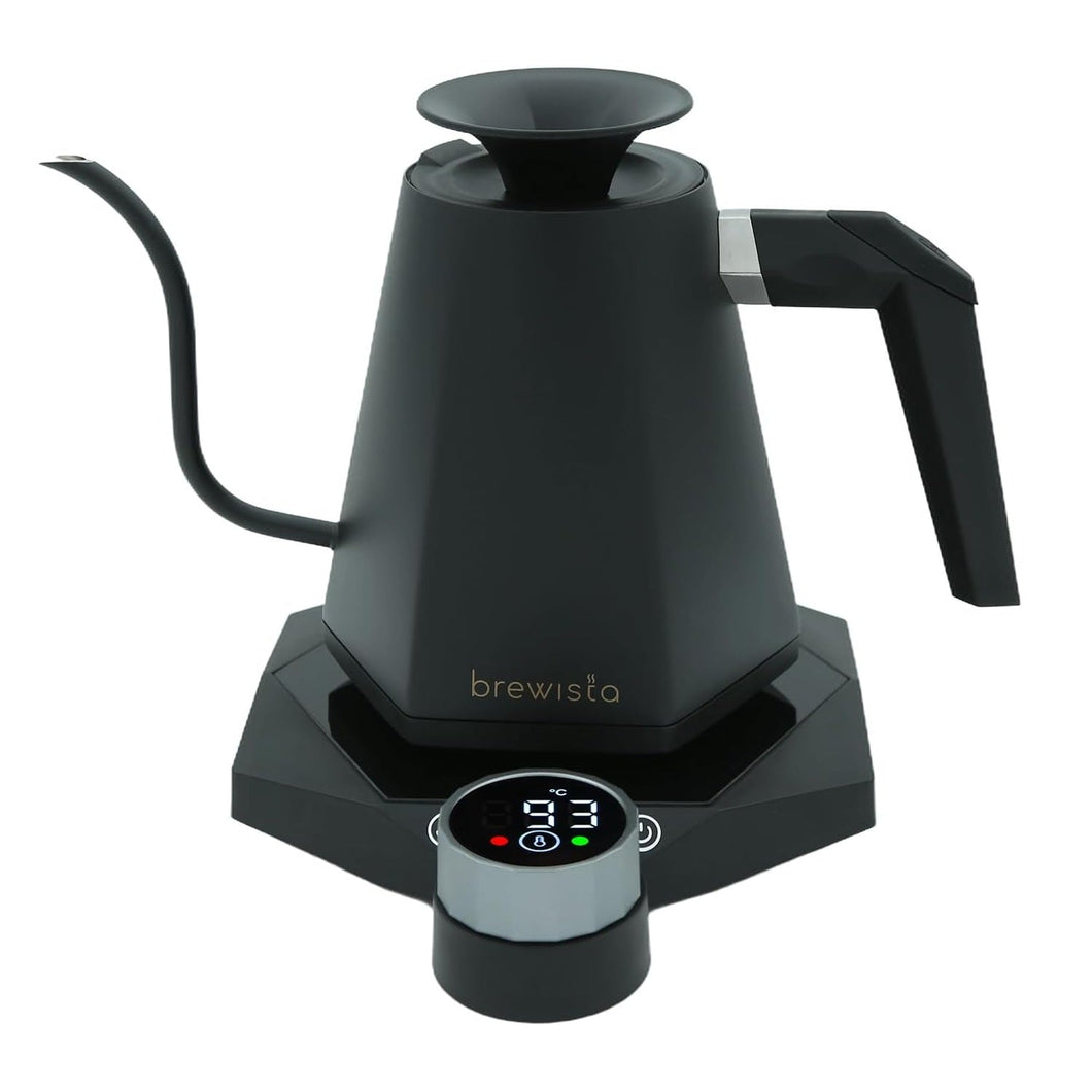 Black Brewisto electric kettle with digital display on a white background