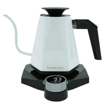 White electric kettle with digital display on a white background, featuring the brand 'brewista'.