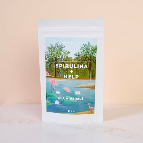 Package of Spirulina + Kelp with a scenic design on a beige background