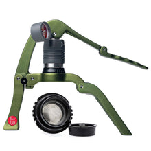 Green Flair GO – The Ultimate Portable Lever Espresso Machine with adjustable legs on a white background