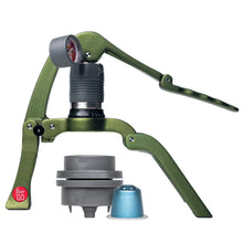 Green manual press Flair GO – The Ultimate Portable Lever Espresso Machine with gray and blue components on a white background