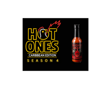 Hot Ones Caribbean Edition Season 4 logo with a bottle of hot sauce on a black background