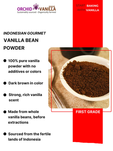 Orchid Vanilla gourmet vanilla bean powder with product details and branding.