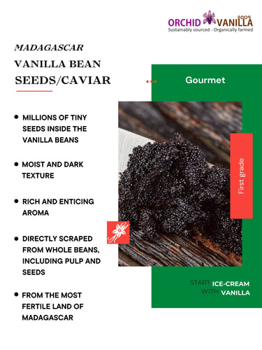 Advertisement for Madagascar vanilla bean seeds/caviar with text and branding information.