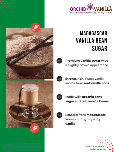 Advertisement for Madagascar Vanilla Bean Sugar with a bowl of sugar and vanilla beans, and a coffee cup with vanilla flavor.