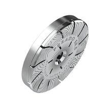 Silver coffee grinder with brand name on a white background