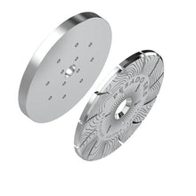 Two metallic disc components with intricate designs on a white background