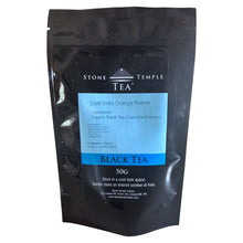 Black tea package with Stone Temple Tea label on a white background