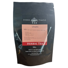 Stone Temple Tea bag labeled 'Vitality Herbal Tea' on a white background