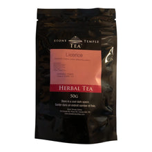 Stone Temple Tea - dried licorice root pieces in a black pouch on a white background.