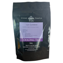 Bag of Stone Temple Tea Iron Goddess Oolong Tea on a white background