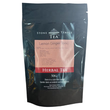 Stone Temple Tea Lemon Ginger Tonic herbal tea package on a white background