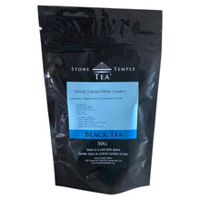 Strong Orange Pekoe Black tea package with Stone Temple Tea branding on a white background. 
