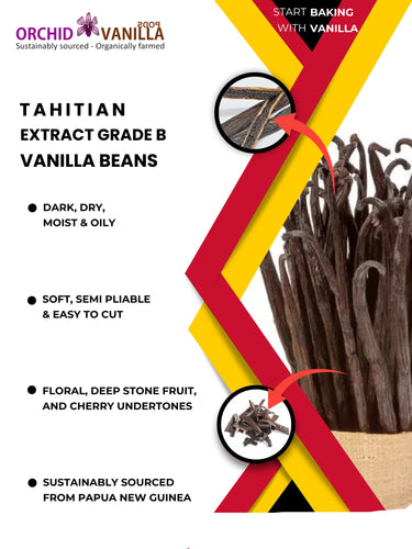 Advertisement for Tahitian Extract Grade B Vanilla Beans with text and images of vanilla beans.