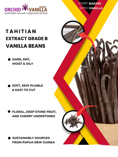 Advertisement for Tahitian Extract Grade B Vanilla Beans with text and images of vanilla beans.