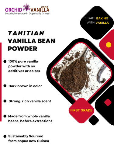 Advertisement for Tahitian vanilla bean powder with product details and branding.