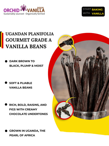 Advertisement for Ugandan Planifolia vanilla beans with text and branding details.