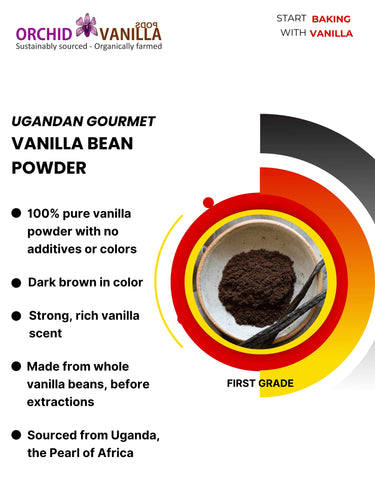 Advertisement for Ugandan gourmet vanilla bean powder with product details and branding.