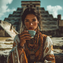 Woman in traditional attire holding a cup in front of ancient ruins