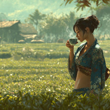 Woman in traditional attire drinking from a cup in a lush green field