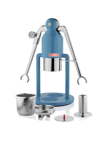 Blue manual press with metal components on a white background