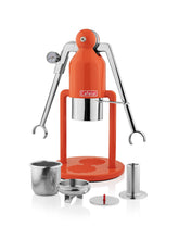 Orange manual coffee press with metal components on a white background