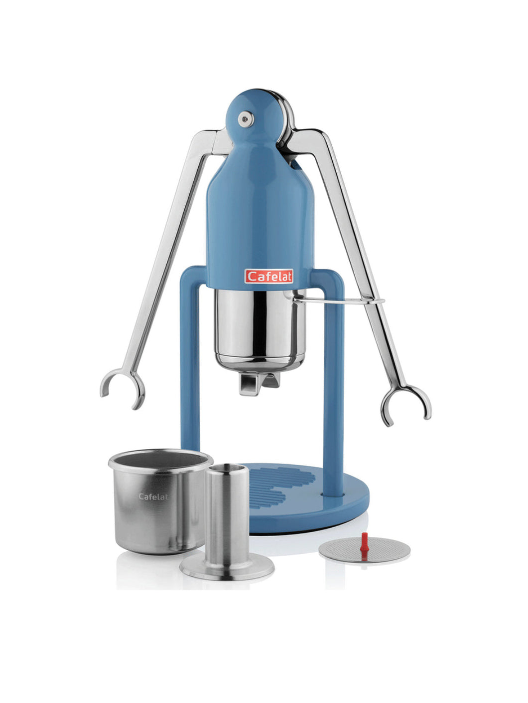 Blue manual espresso machine with metal components on a white background