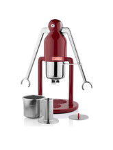 Red manual espresso machine with silver accents on a white background