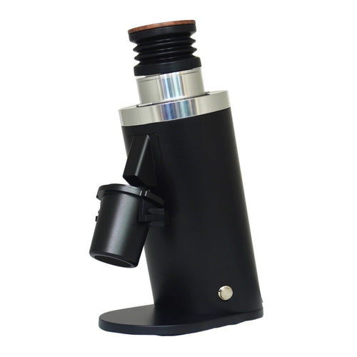 Black and silver coffee grinder on a white background