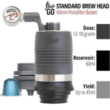 Flair Standard Brew Head with espresso portafilter basket on a white background