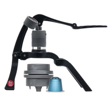 Manual Flair GO – The Ultimate Portable Lever Espresso Machine with a blue coffee capsule on a white background