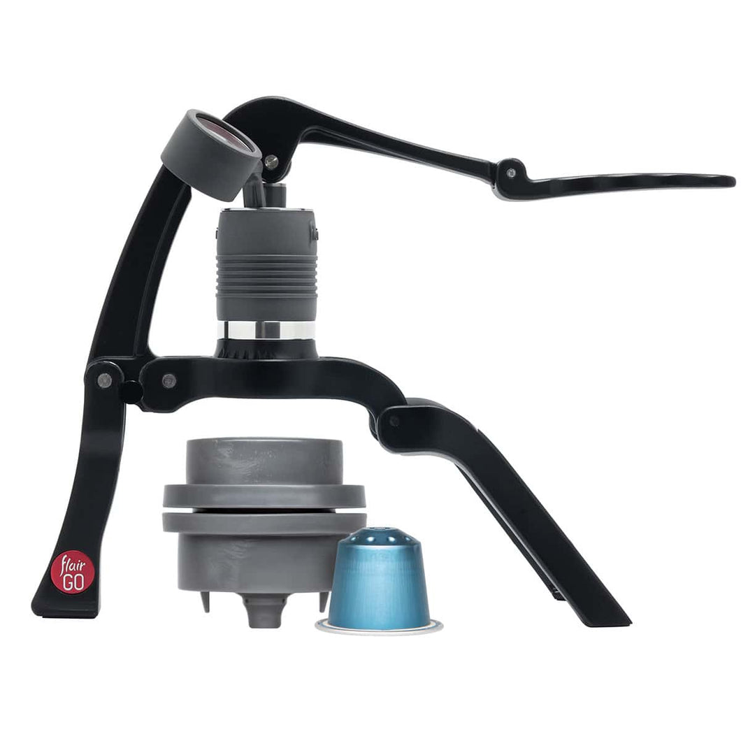 Manual Flair GO – The Ultimate Portable Lever Espresso Machine with a blue coffee capsule on a white background
