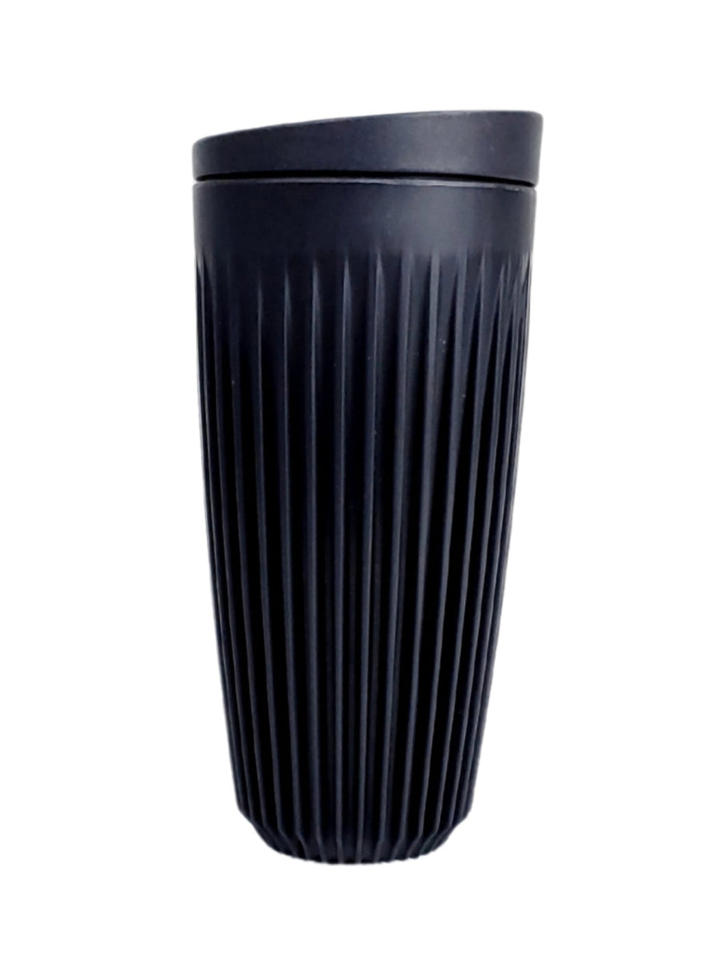 Black ribbed tumbler on a white background