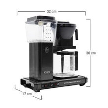 Black coffee maker with dimensions labeled on a white background