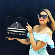 A girl in a blue dress holding a Stone Temple Coffees Sign on a black background