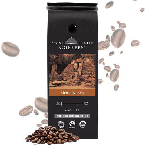 Stone Temple Coffees - Mocha Java Whole Bean bag on white background with coffee beans