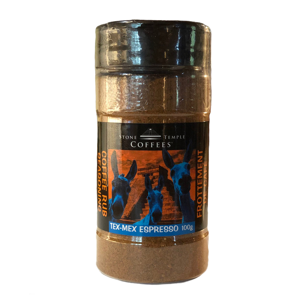 A clear jar containing black coffee grounds with a label that reads 'Stone Temple Coffees, Tex-Mex Espresso Coffee Rub Seasoning, 100g'.