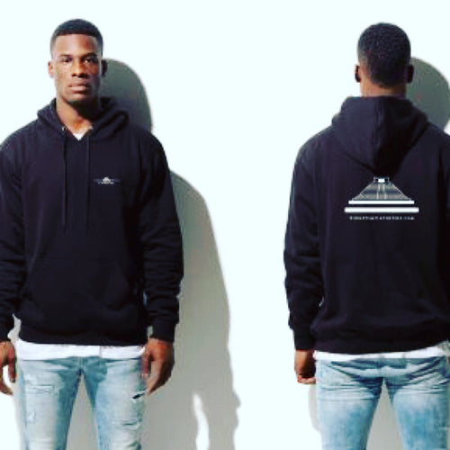 A person wearing a Stone Temple Coffees hooded sweatshirt in black color, featuring text logo on the front and back, standing against a neutral background.