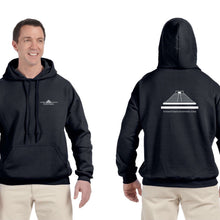 A person wearing a Stone Temple Coffees hooded sweatshirt in black color, featuring text logo on the front and back, standing against a neutral background.