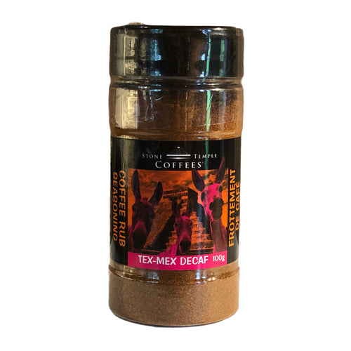A jar of Stone Temple Coffees Tex-Mex Decaf Coffee Rub BBQ Seasoning against a white background.