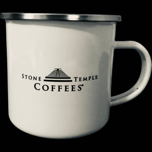 A white enamel metal campfire mug with the Stone Temple Coffees logo printed on the side.
