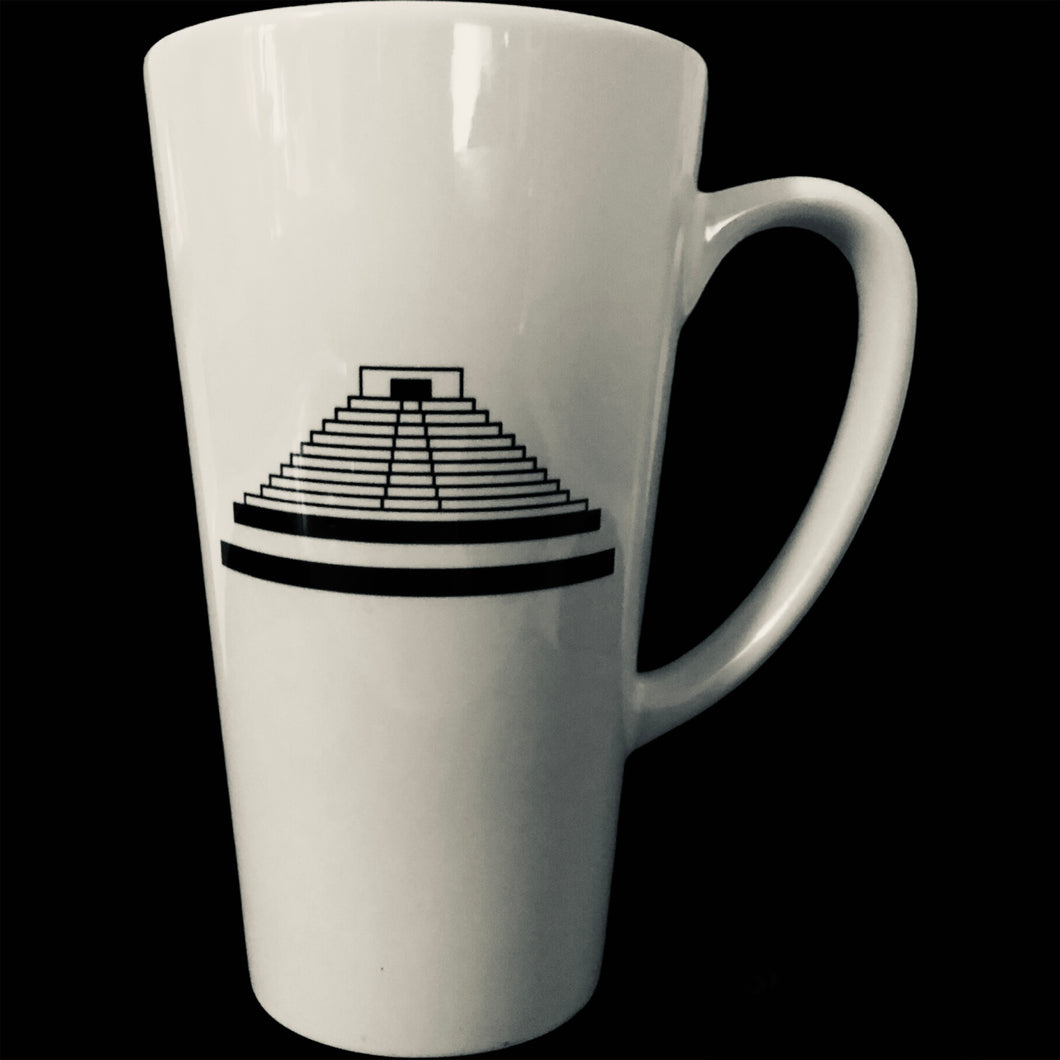 A white ceramic coffee cup with a black logo print of Stone Temple Coffees on the front.